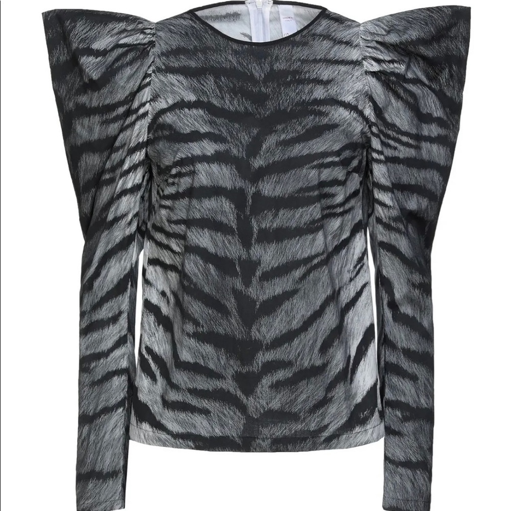 SHI.RT Milano Black Gray Tiger Stripe Power Shoulder Blouse Size 4 -